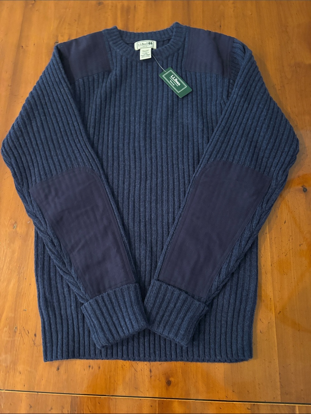L.L. Bean Men’s Navy Ribbed Crewneck Sweater with Elbow Patches